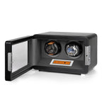 Aevitas 2-watch winder in black vegan leather with grey interior, touchscreen control, and silver satin accents.
