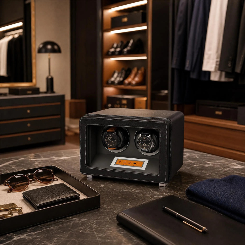 Close-up of a black and grey leather watch winder in a modern dressing room, highlighting its sleek design and metallic accents.