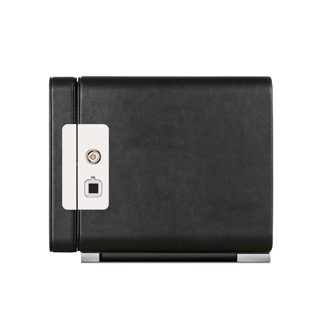 Aevitas black vegan leather 2-watch winder with a silver fingerprint lock and key mechanism on a white background.