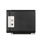 Aevitas black vegan leather 2-watch winder with a silver fingerprint lock and key mechanism on a white background.