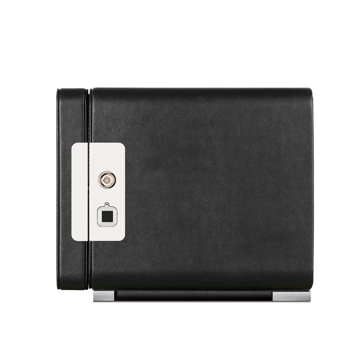 Aevitas black vegan leather 2-watch winder with a silver fingerprint lock and key mechanism on a white background.