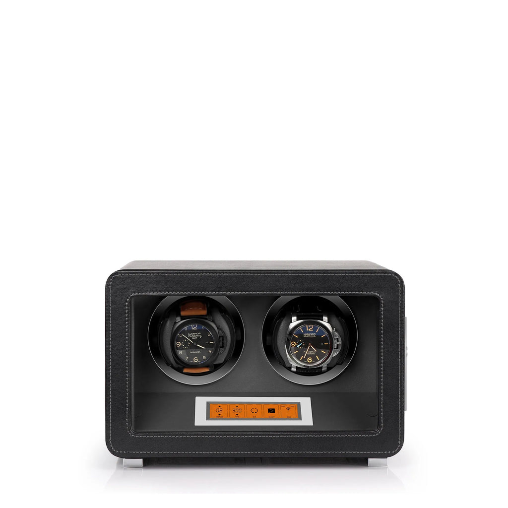 Aevitas premium 2-watch winder in black vegan leather with a grey interior and digital touchscreen control panel.