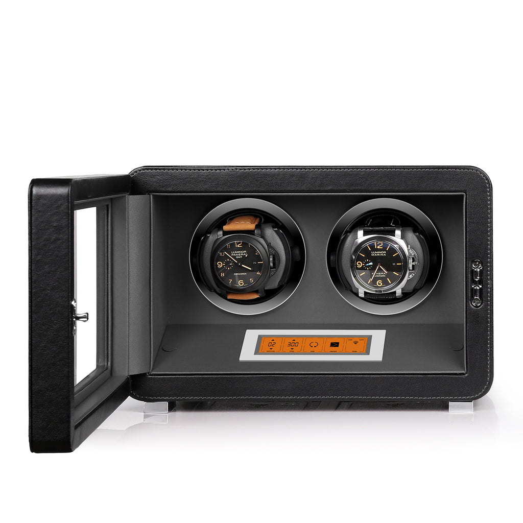 2 Watch Winder in Black and Blue Smooth Leather Finish by Aevitas