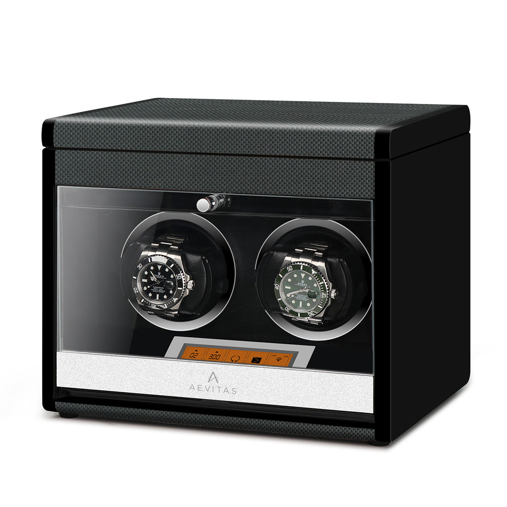 Aevitas 2 watch winder in carbon fibre finish with two watches and extra storage.