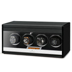 Aevitas 4 watch winder in black carbon fibre with clear display window and four watches.