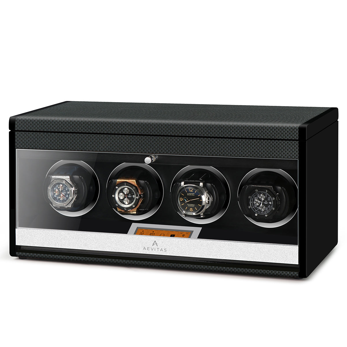 Aevitas 4 watch winder in black carbon fibre with clear display window and four watches.