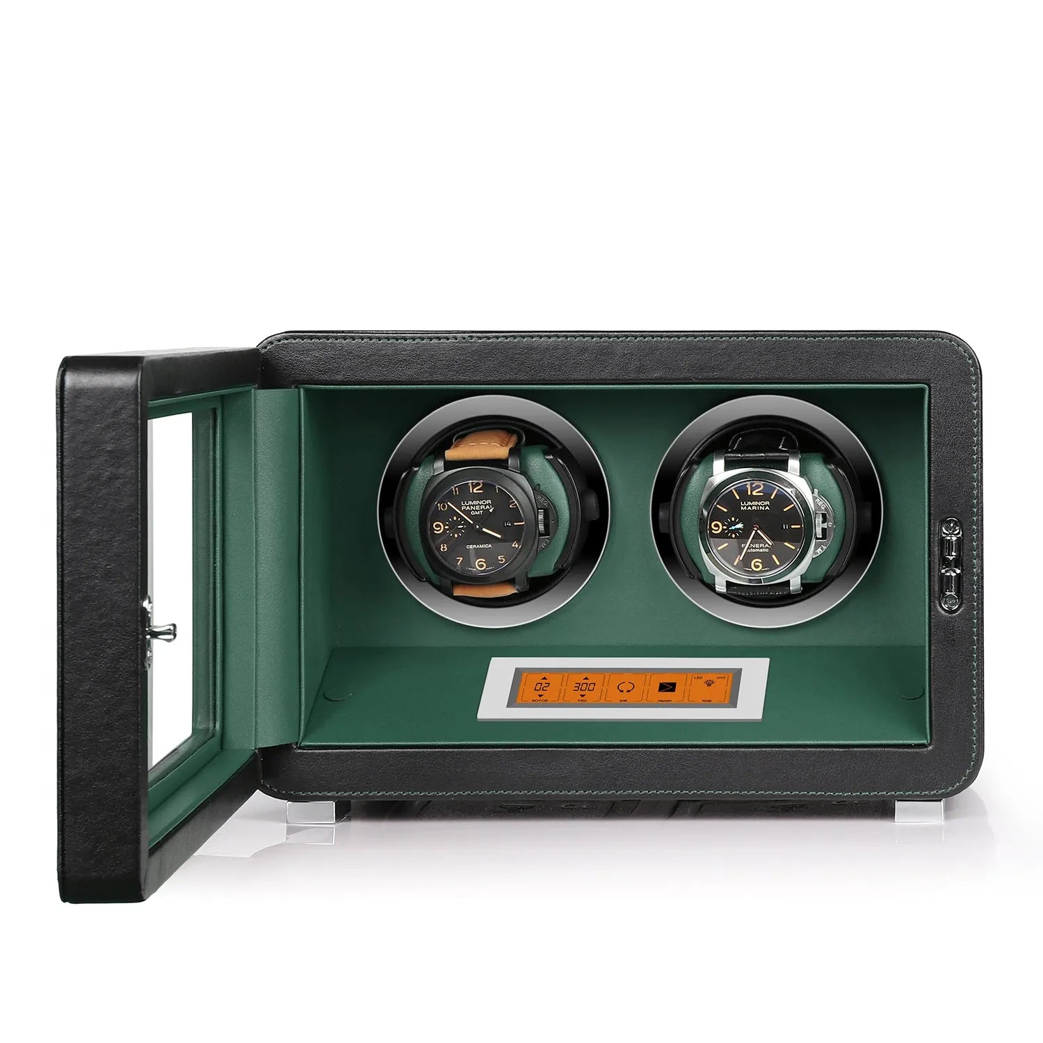 2 Watch Winder in Black and Green Smooth Leather Finish by Aevitas