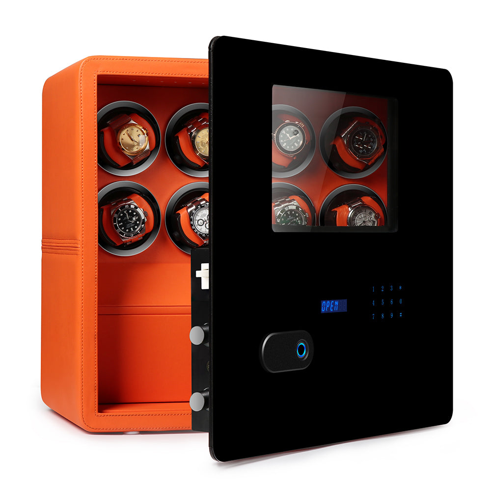 Watch Winder Safe in Orange Leather for 8 Watches by Aevitas