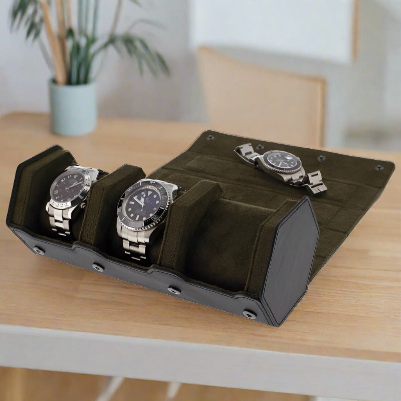 3 Watch Roll Case Hexagon Style in Fine Black Nappa Leather with Luxury Lining - Special Offer