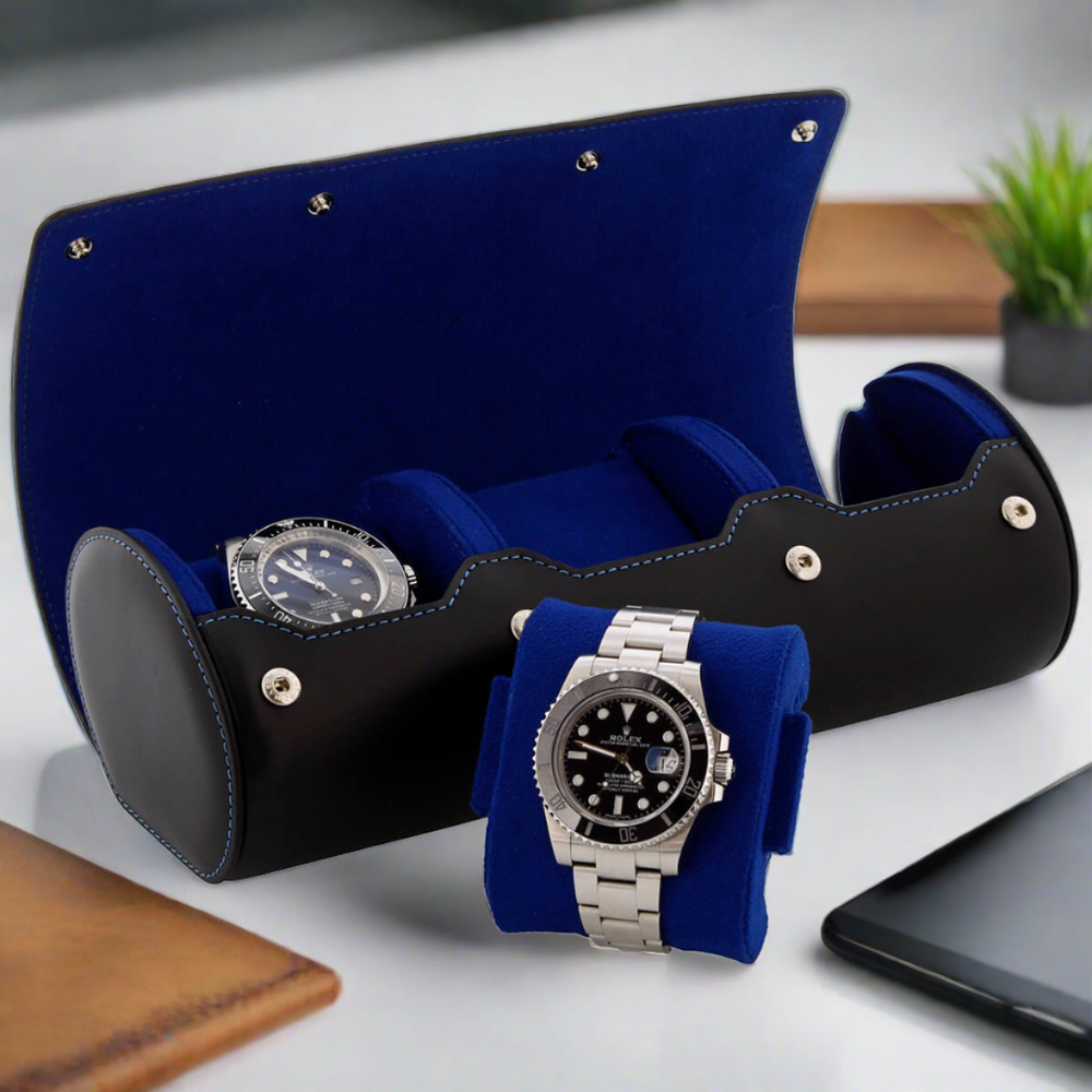 3 Watch Roll Case Premium Black Nappa Leather with Blue Lining by Aevitas