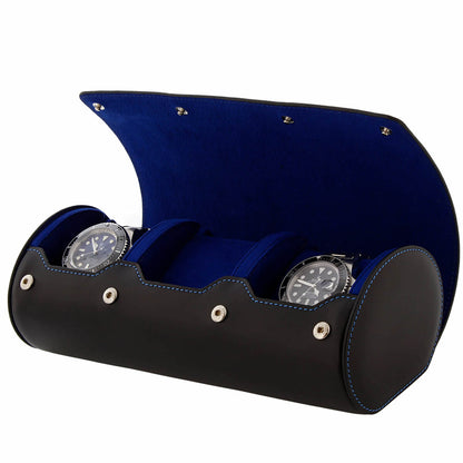 3 Watch Roll Case Premium Black Nappa Leather with Blue Lining by Aevitas