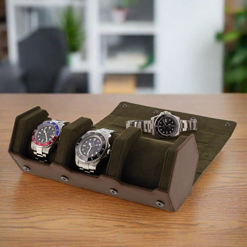 3 Watch Travel Case Hexagon Style in Fine Brown Nappa Leather with Luxury Lining - Special Offer