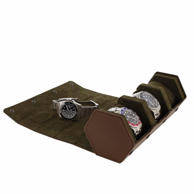 3 Watch Travel Case Hexagon Style in Fine Brown Nappa Leather with Luxury Lining - Special Offer