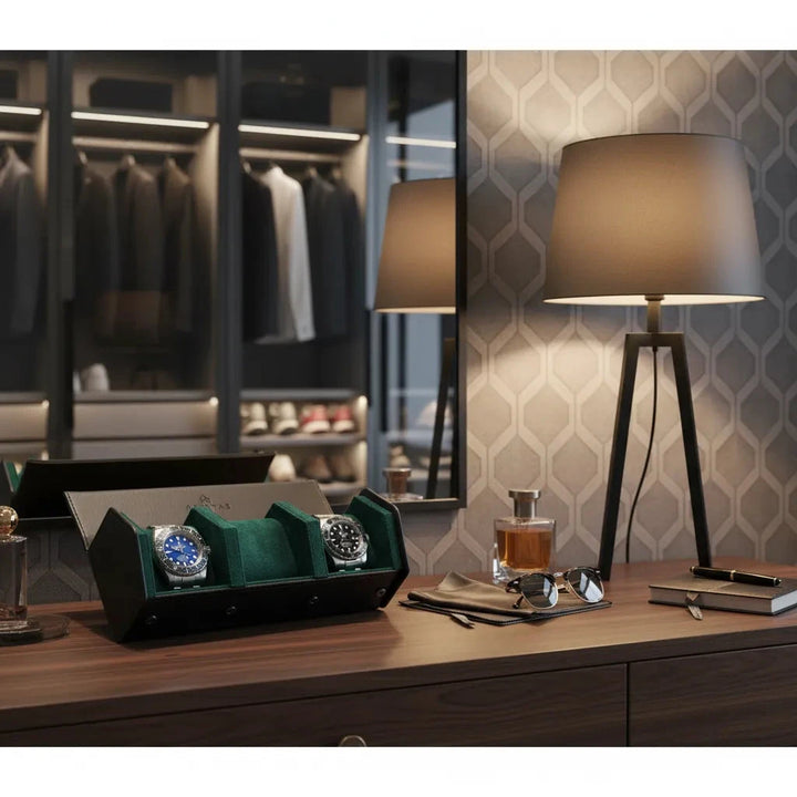 A table holds a lamp and the Aevitas Watch Winders 3 Watch Travel Case in Black Leather with Green Lining Hexagon Style, next to a box of watches.