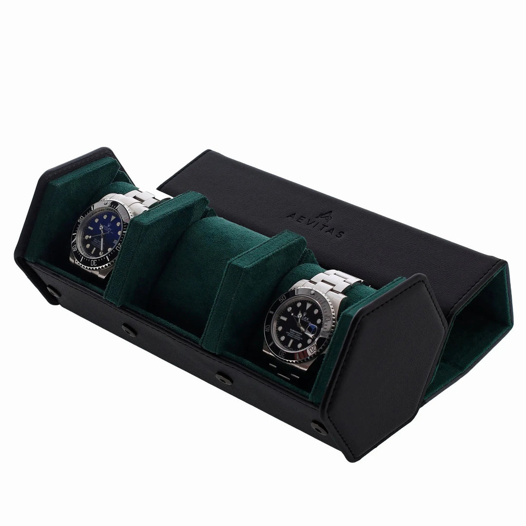 The Aevitas Watch Winders 3 Watch Travel Case features black leather, green lining, and a hexagon design. Open to reveal two silver watches with dark dials on green cushioned slots. The lid displays the Aevitas logo.