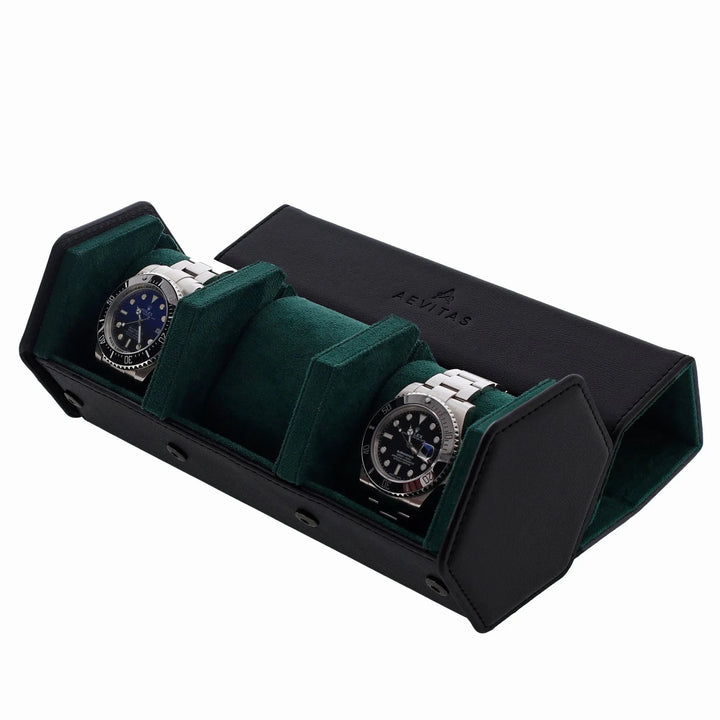 The Aevitas Watch Winders 3 Watch Travel Case features black leather, green lining, and a hexagon design. Open to reveal two silver watches with dark dials on green cushioned slots. The lid displays the Aevitas logo.