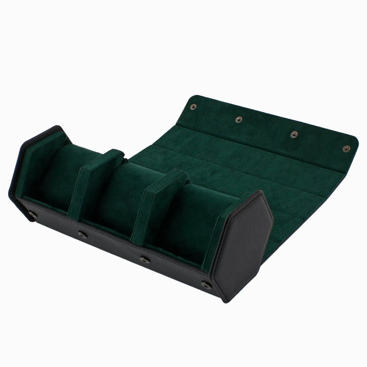 The Aevitas Watch Winders 3 Watch Travel Case in black leather with green lining features a hexagon style, three compartments, soft interior, and snap closures—ideal for protecting your watches while traveling.