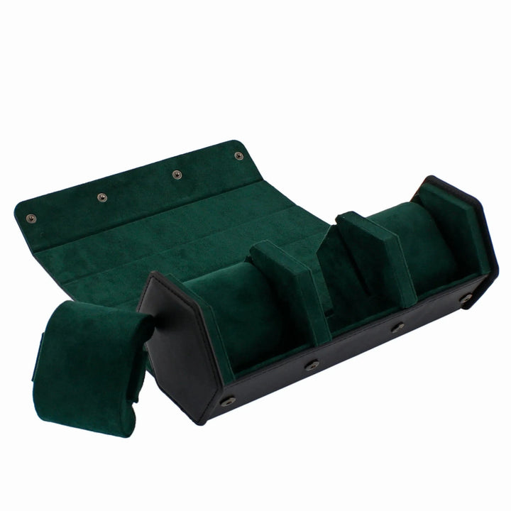 The Aevitas Watch Winders 3 Watch Travel Case in Black Leather with Green Lining Hexagon Style is shown open, revealing three compartments and a removable cushioned holder placed to the side. Snap buttons are visible on the flap.
