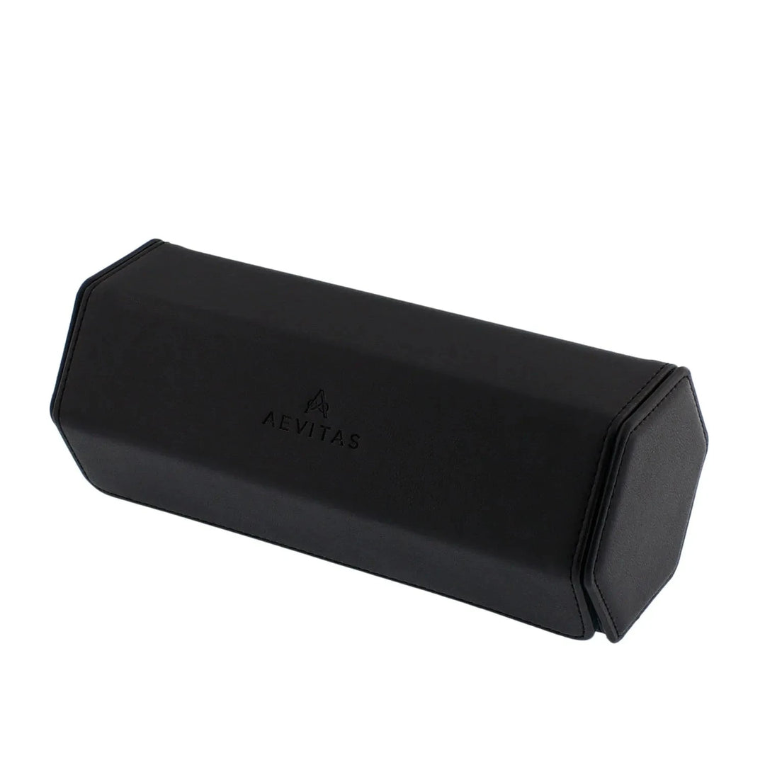 The Aevitas Watch Winders 3 Watch Travel Case in black leather with green lining features a hexagonal design and embossed logo, ideal for storing and protecting multiple watches while traveling.