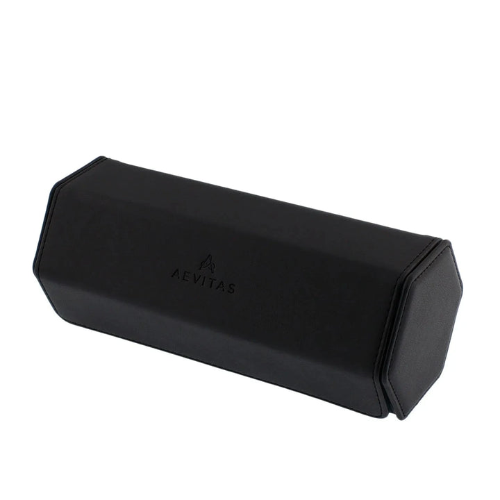 The Aevitas Watch Winders 3 Watch Travel Case in black leather with green lining features a hexagonal design and embossed logo, ideal for storing and protecting multiple watches while traveling.