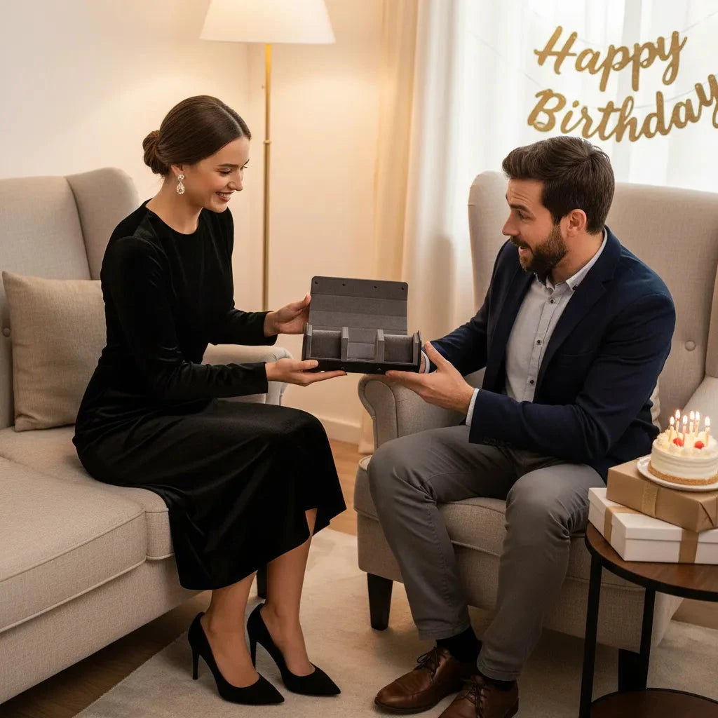 A woman in a black dress smiles as she receives the Aevitas Watch Winders 3 Watch Travel Case in Black Leather with Grey Lining, hexagon style, from a man in a suit at a birthday party. Cake, presents, and a Happy Birthday banner decorate the background.