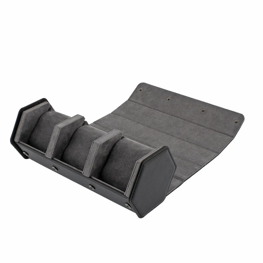 The Aevitas Watch Winders 3 Watch Travel Case in black leather with grey lining features a hexagon style, foldable design, and cushioned slots to securely store and protect your watches.