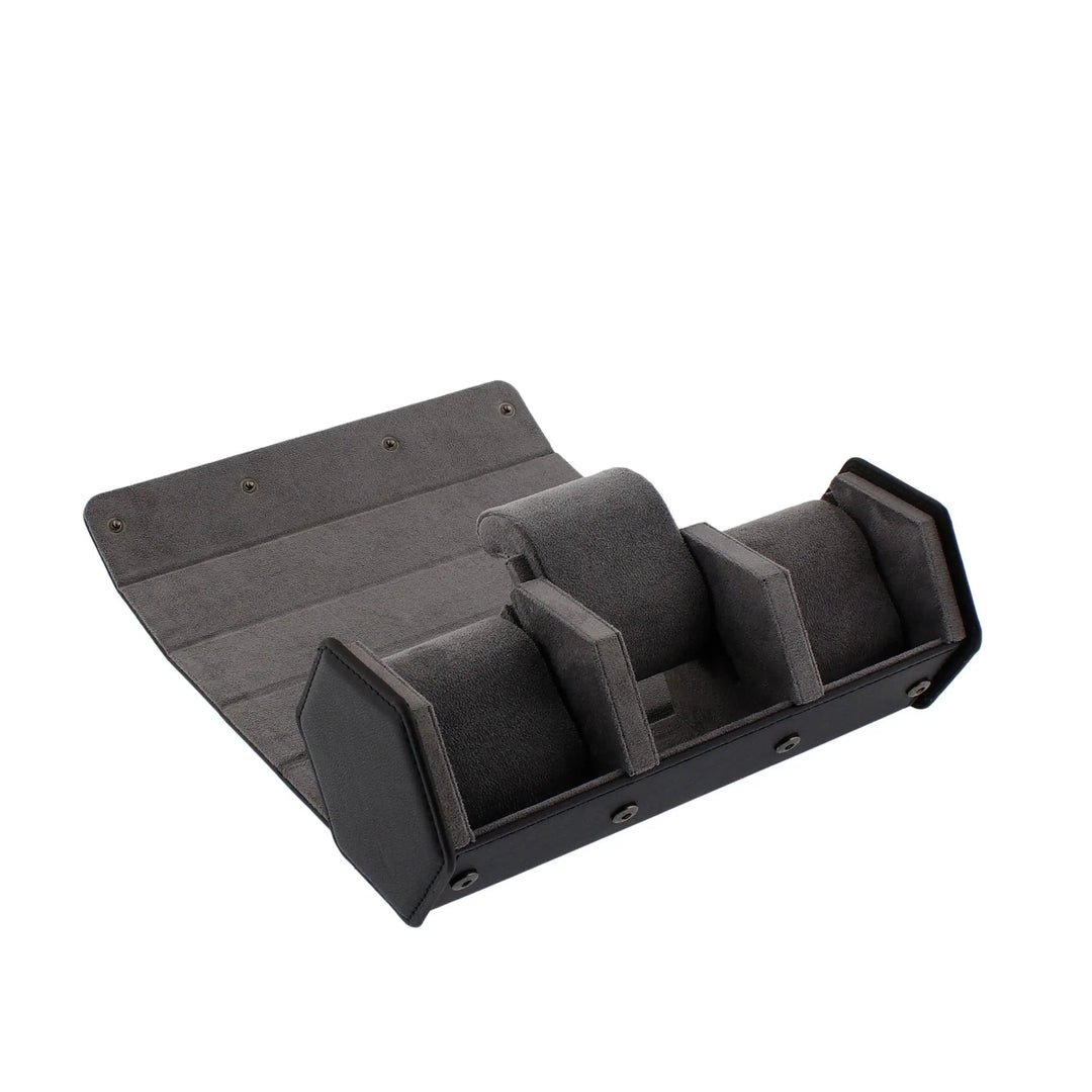 The Aevitas Watch Winders 3 Watch Travel Case in black vegan leather with grey lining features a hexagon design, three cushioned compartments, soft interior, and secure snap button closures.