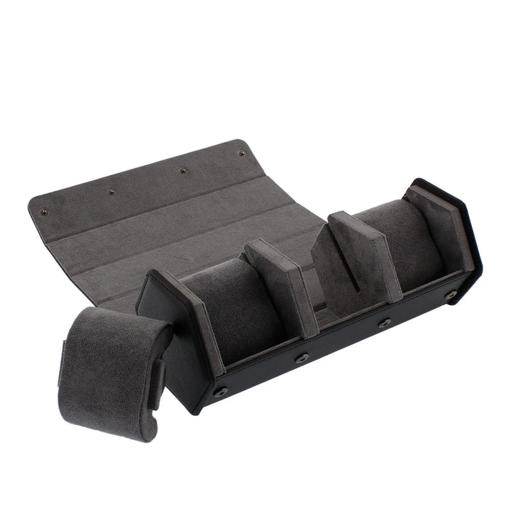 The Aevitas Watch Winders 3 Watch Travel Case in black leather with grey lining features a hexagon style, open flap design, and three padded compartments for secure wristwatch storage and protection.