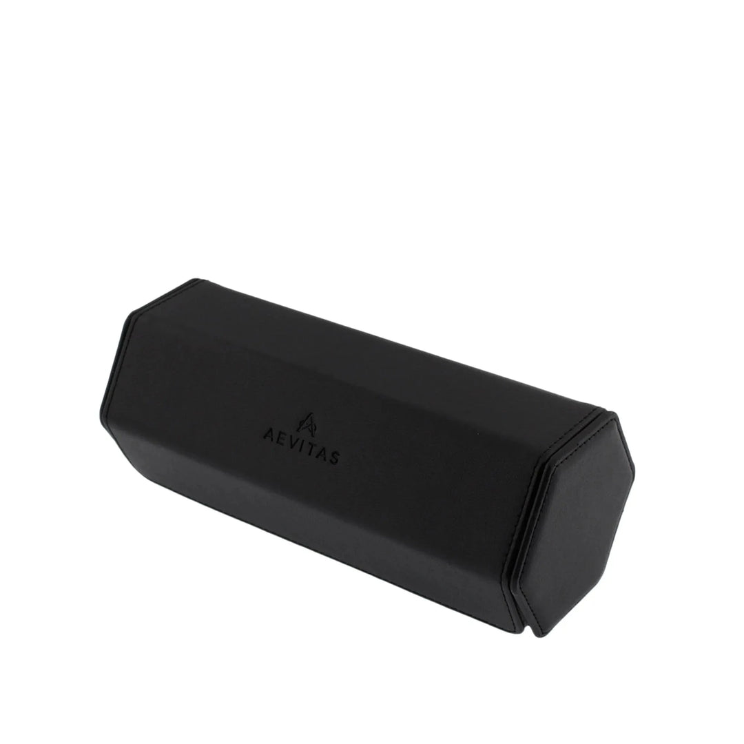 Aevitas Watch Winders 3 Watch Travel Case in black hexagon-style vegan leather with grey lining, features the brand name on the center, shown against a white background.