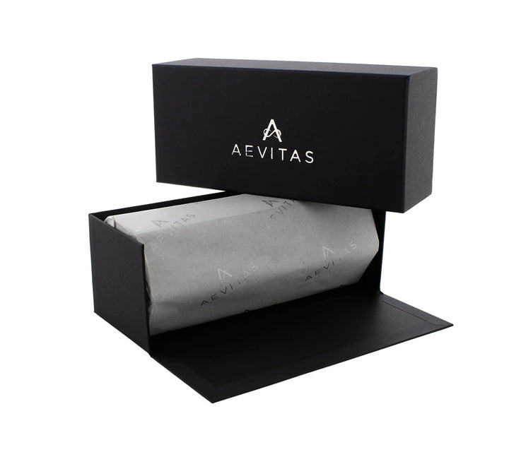 Aevitas Watch Winders' 3 Watch Travel Case in black vegan leather features a sleek hexagon design with grey lining. The lid displays the AEVITAS logo, and the box is shown open to reveal tissue-wrapped contents inside.
