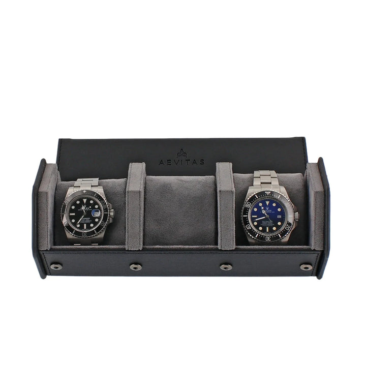The Aevitas Watch Winders 3 Watch Travel Case features a hexagon style in black leather with grey lining and holds up to three watches. The Aevitas brand is displayed on the inside lid.