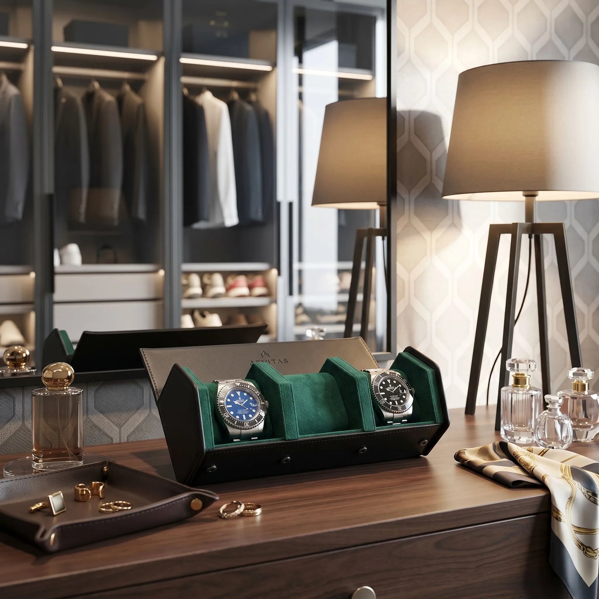 Elegant 3 Watch Travel Case in black vegan leather with green hexagon cushions, displayed in a bright luxurious walk-in dressing room surrounded by props.