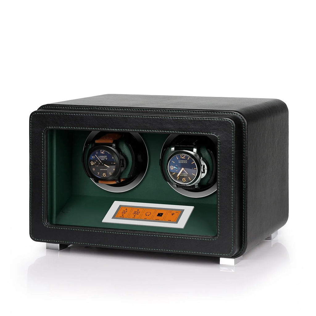 2 Watch Winder in Black and Green Smooth Leather Finish by Aevitas