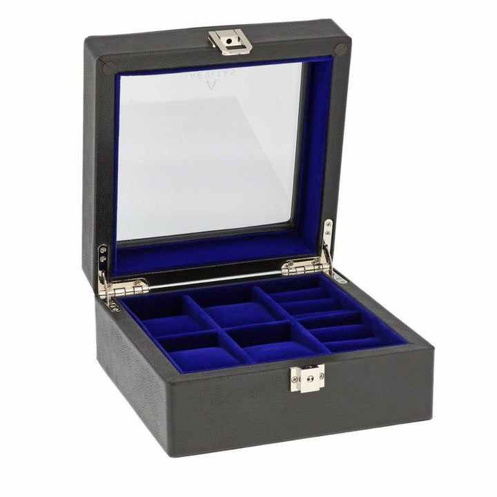 4 Cufflink 4 Watch Box Black Genuine Leather Blue Velvet Lining by Aevitas