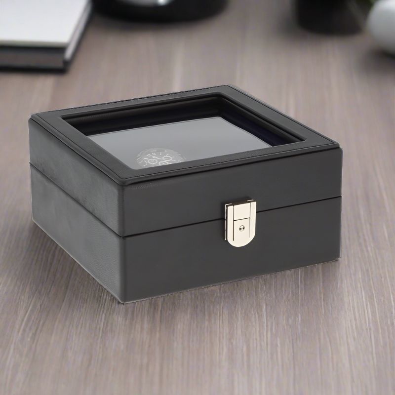 4 Watch Box Black Genuine Leather with 8 Cufflink Holders by Aevitas