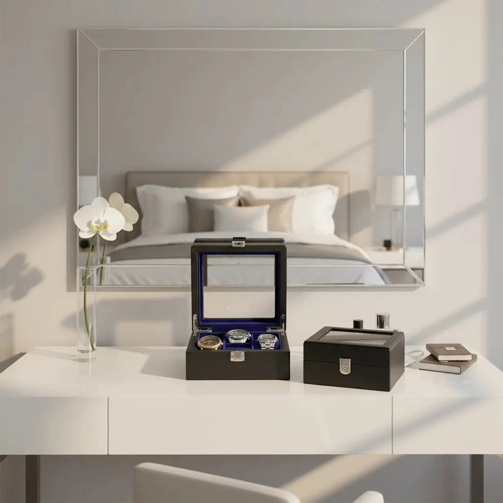 4 Watch Box Black Genuine Leather with 8 Cufflink Holders by Aevitas