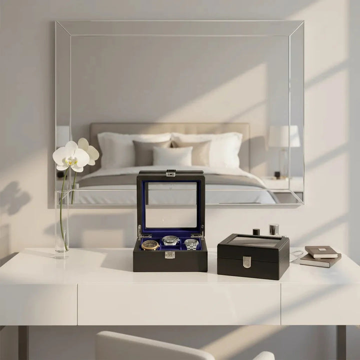 4 Watch Box Black Genuine Leather with 8 Cufflink Holders by Aevitas