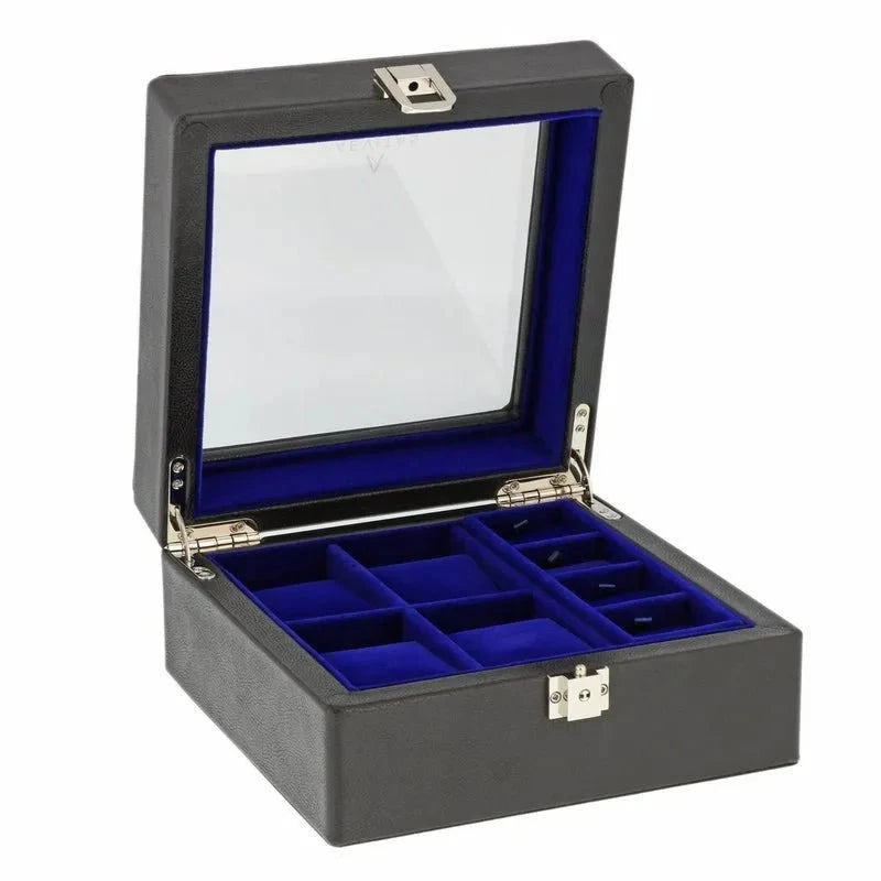 4 Watch Box Black Genuine Leather with 8 Cufflink Holders by Aevitas