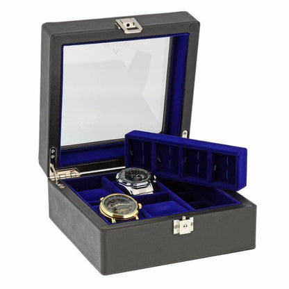 4 Watch Box Black Genuine Leather with 8 Cufflink Holders by Aevitas