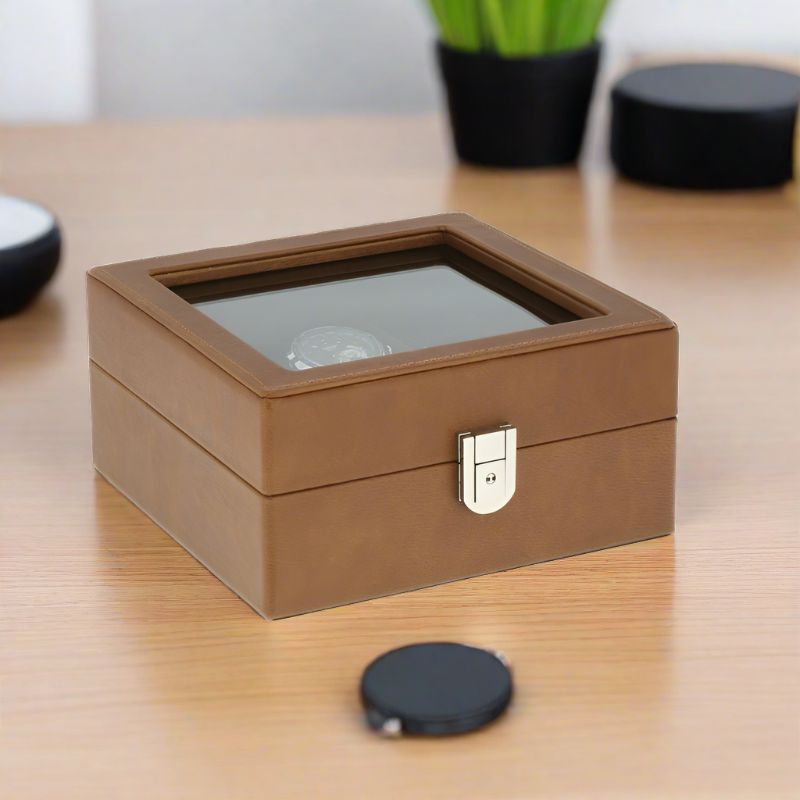 4 Watch Box Brown Genuine Leather with 8 Cufflink Holders by Aevitas