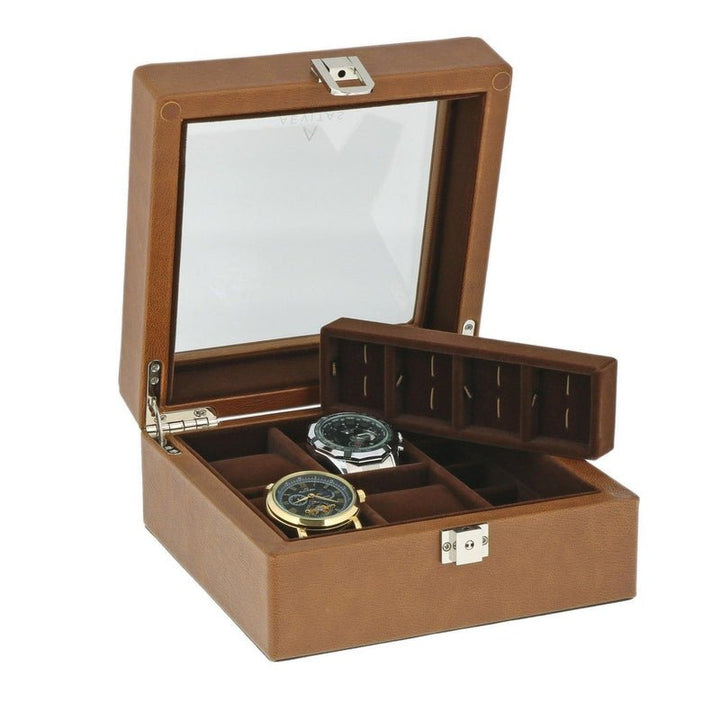 4 Watch Box Brown Genuine Leather with 8 Cufflink Holders by Aevitas