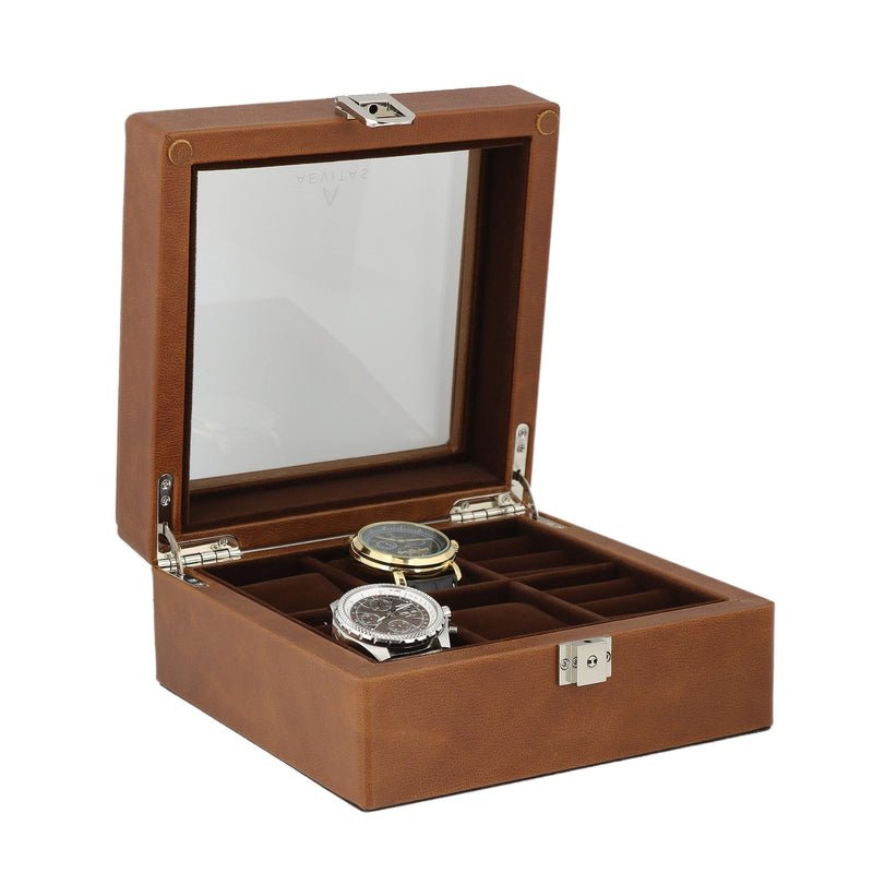 4 Watch Box and Cufflinks Brown Genuine Leather Velvet Brown Lining by Aevitas