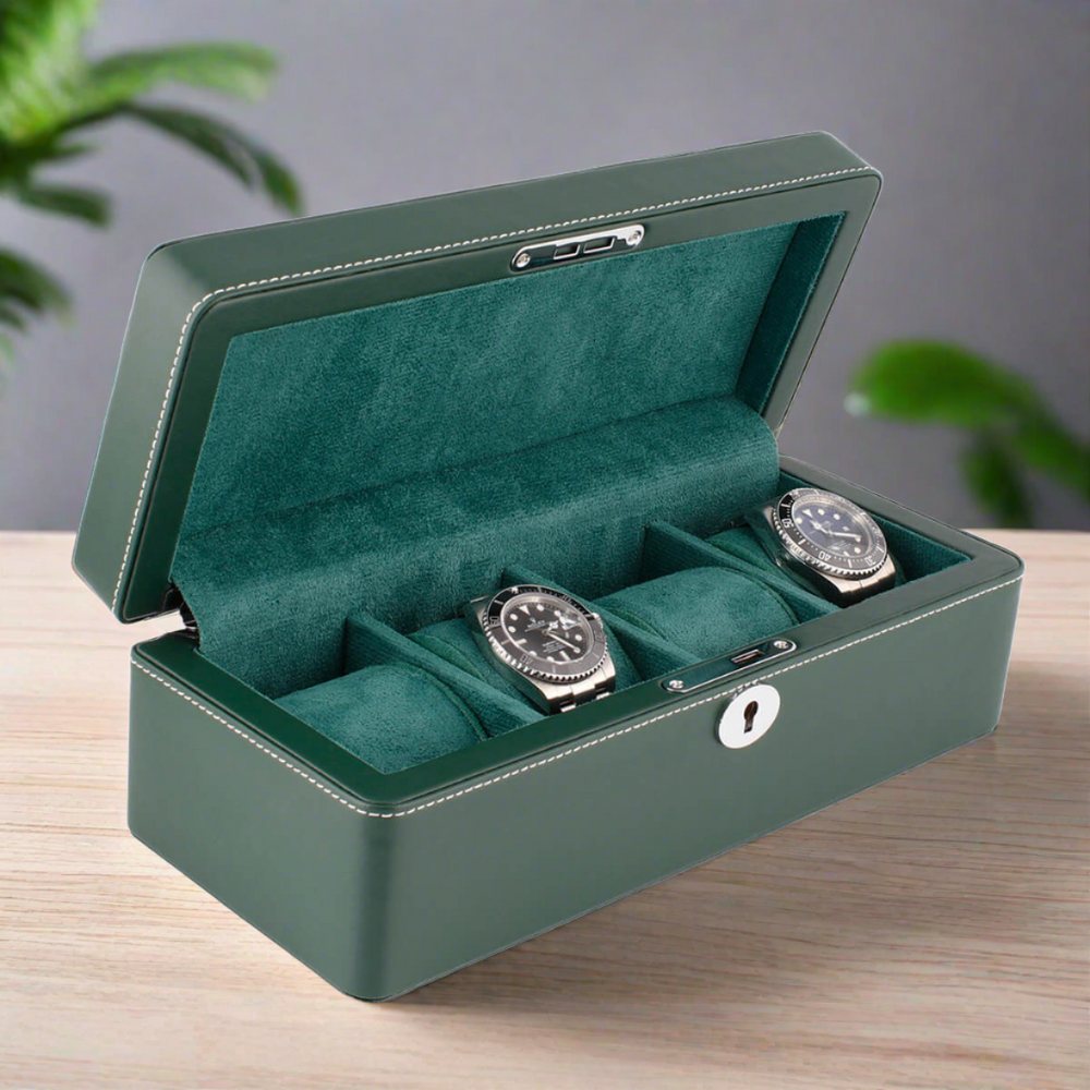 4 Watch Box in Green Leather Finish Fine Quality by Aevitas