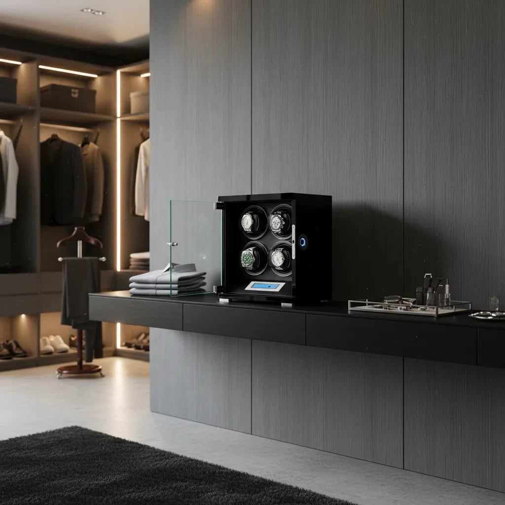 4 Watch Winder Piano Black Wood Finish the Tower Series by Aevitas