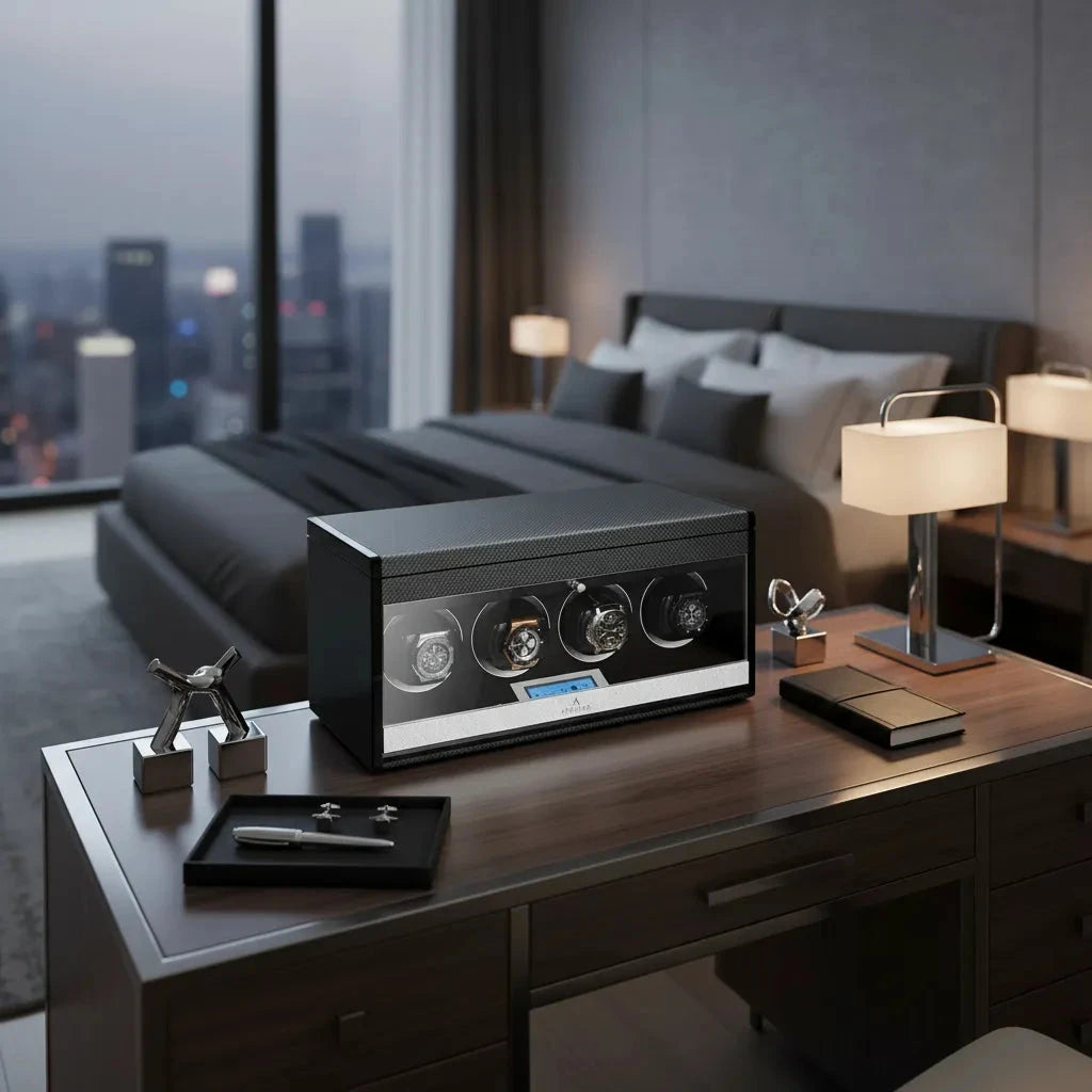 4 Watch Winder in Carbon Fibre with Extra Storage Area by Aevitas