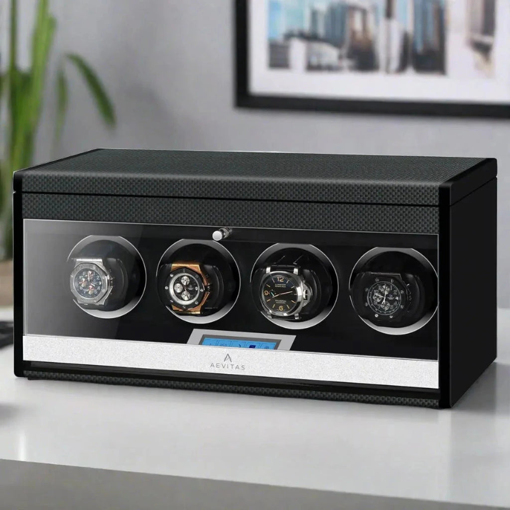 4 Watch Winder in Carbon Fibre with Extra Storage Area by Aevitas