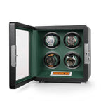 Aevitas 4-watch winder in black leather with green lining, featuring a touchscreen display and silver satin hardware.