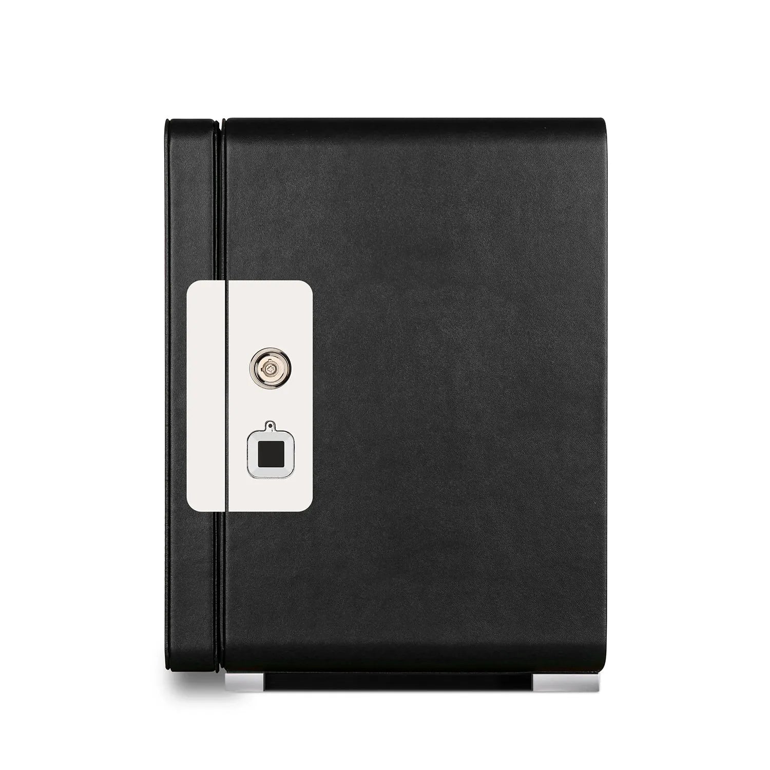 Aevitas 4-watch winder in smooth black vegan leather with a silver fingerprint lock and key mechanism.