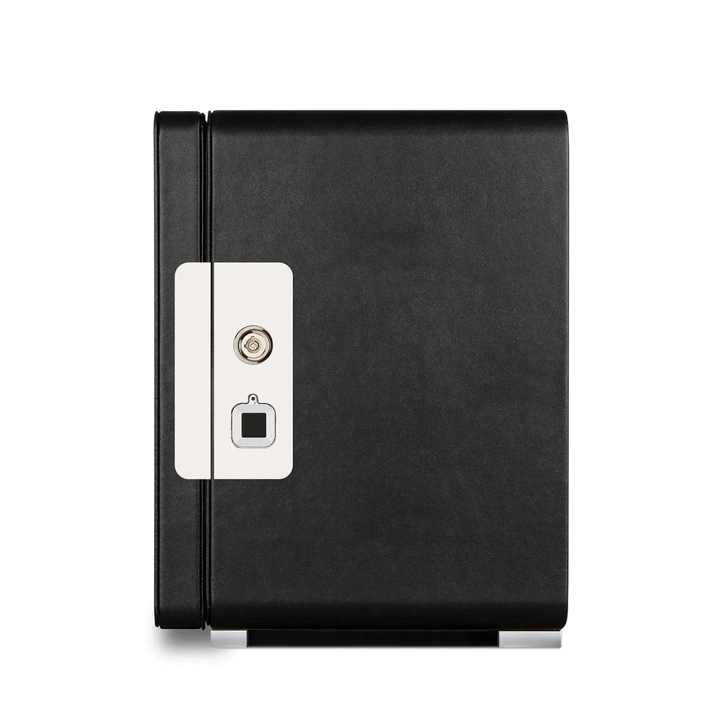Aevitas 4-watch winder in smooth black leather with a silver fingerprint lock and key mechanism on a white background.
