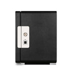 Aevitas 4-watch winder in smooth black leather with a silver fingerprint lock and key mechanism on a white background.